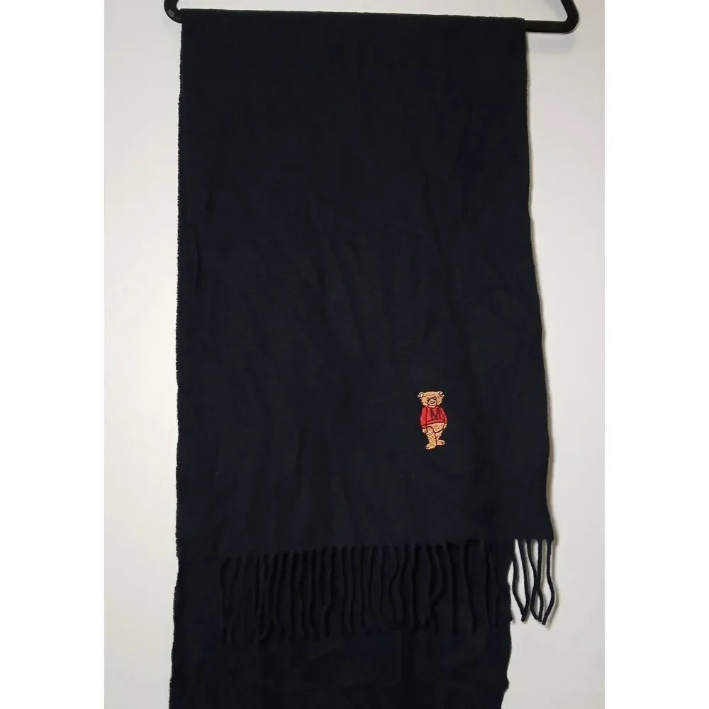 Moschino mens soft cashmere wool long scarf navy blue fringe